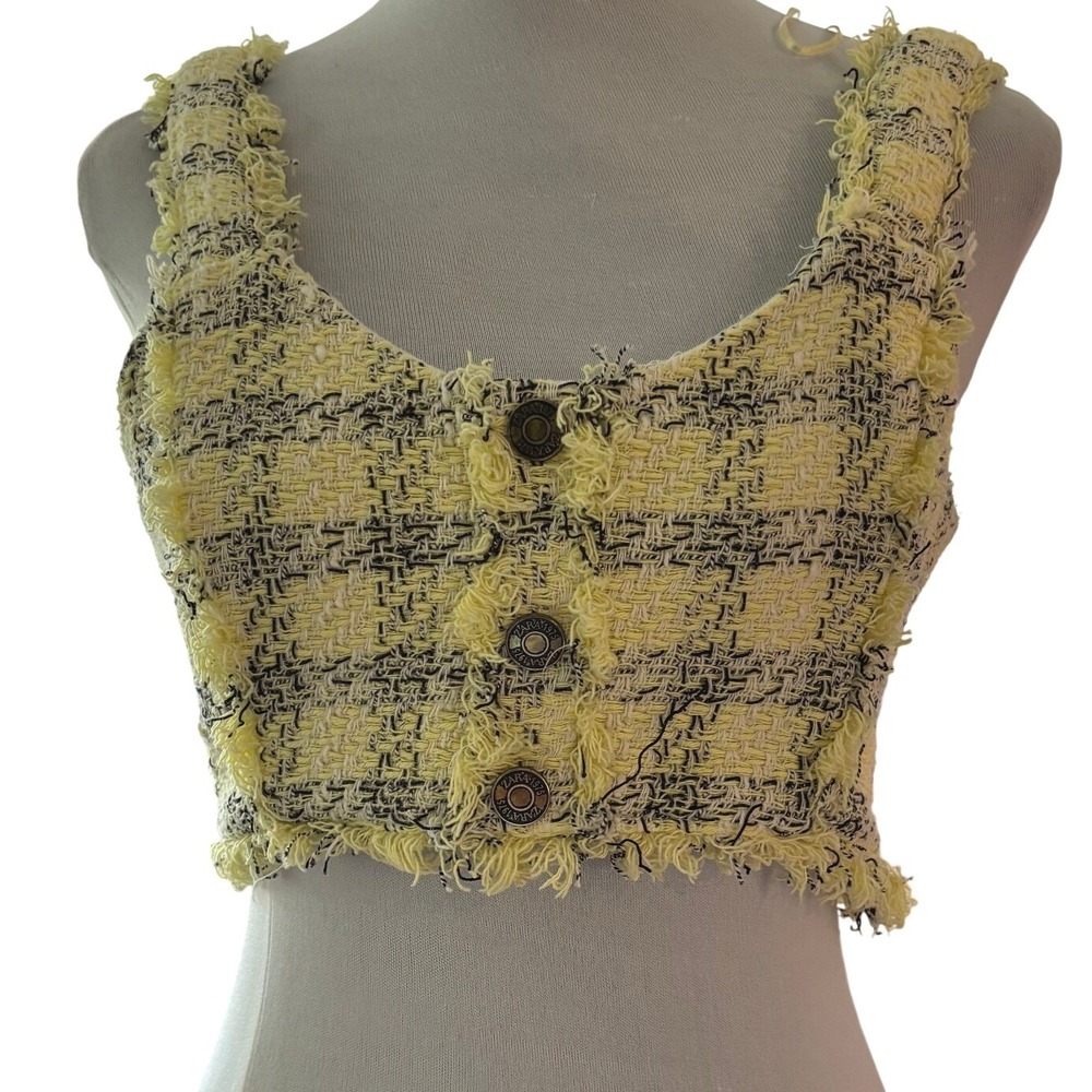 Zara Yellow Tweed Plaid Crop Top Sleeveless Frayed Hem Y2K Clueless Size M